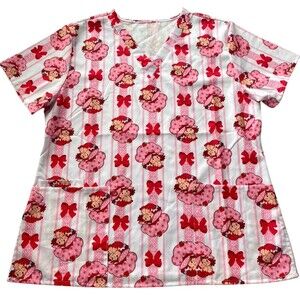 Strawberry Shortcake Scrub Top XL Pink Bows Nurse Uniform V-Neck NWT